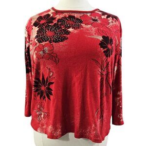 Jess & Jane Red Floral Beaded Crew Neck Top Embellished Romantic